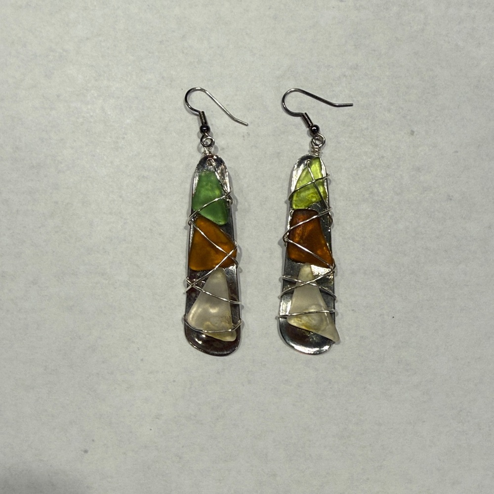 Silver sea glass drop earrings.